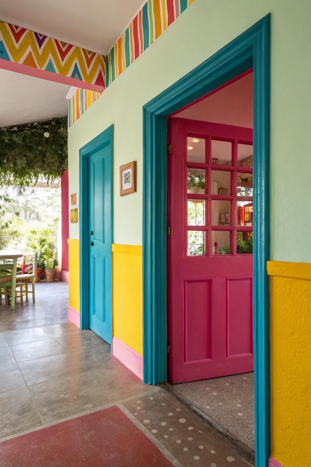 Door trims painted in contrasting colors for a lively effect.