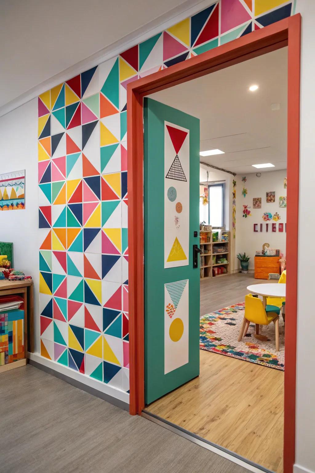 Geometric patterned door trim adding artistic flair.