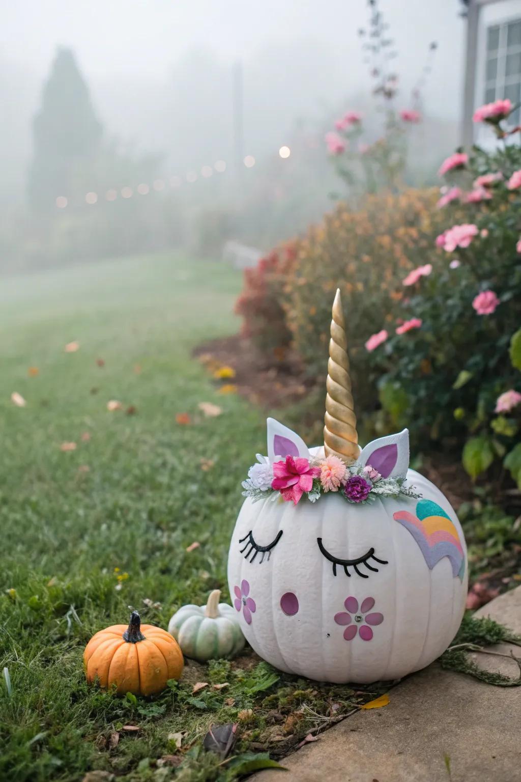 Unicorn-themed pumpkins add a whimsical charm to your fall decor.