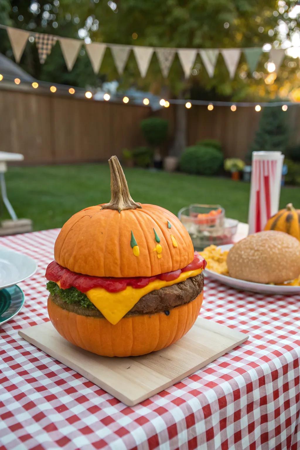 A pumpkin creatively painted to resemble a juicy hamburger.