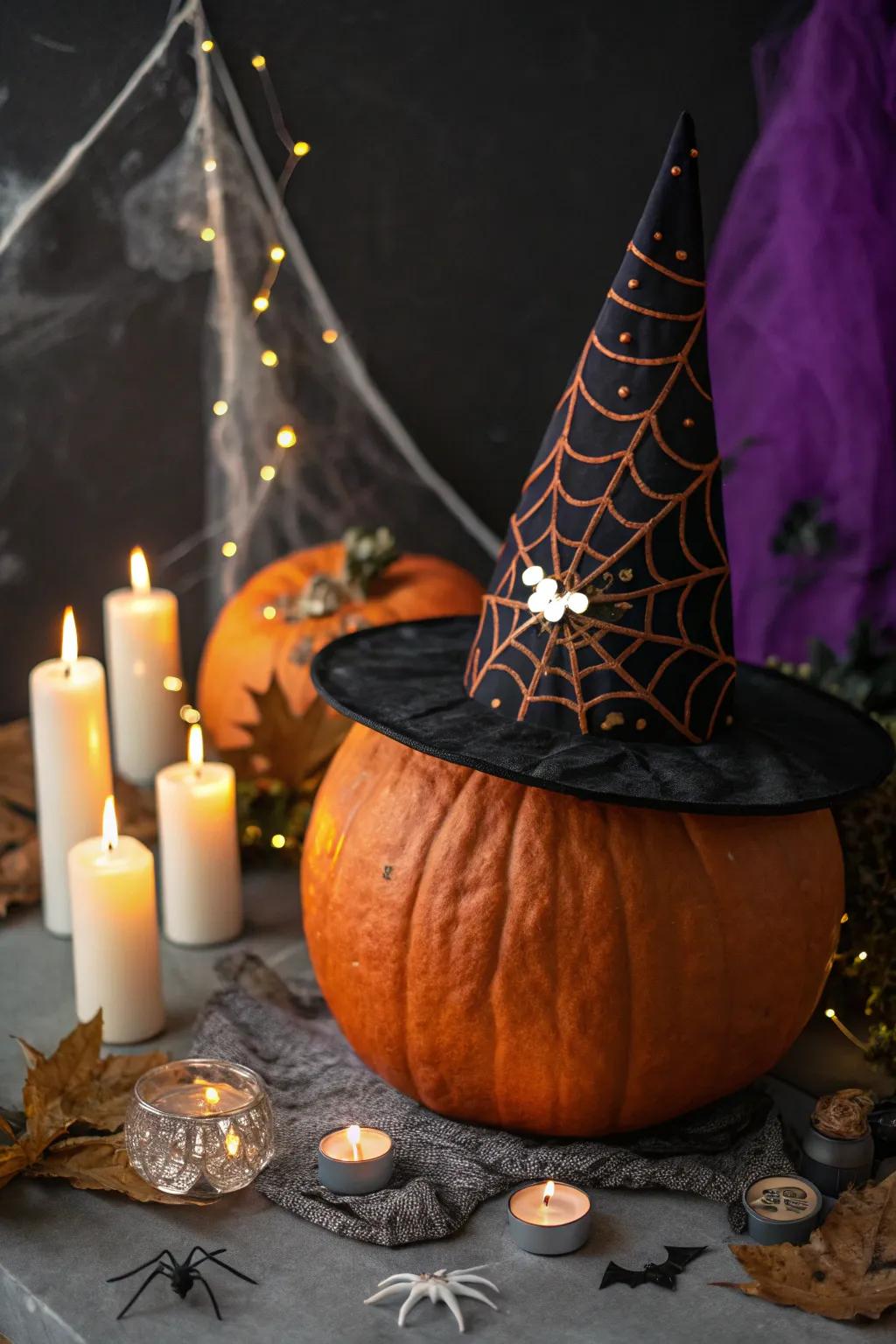 A witch's hat adds a classic Halloween vibe to pumpkins.