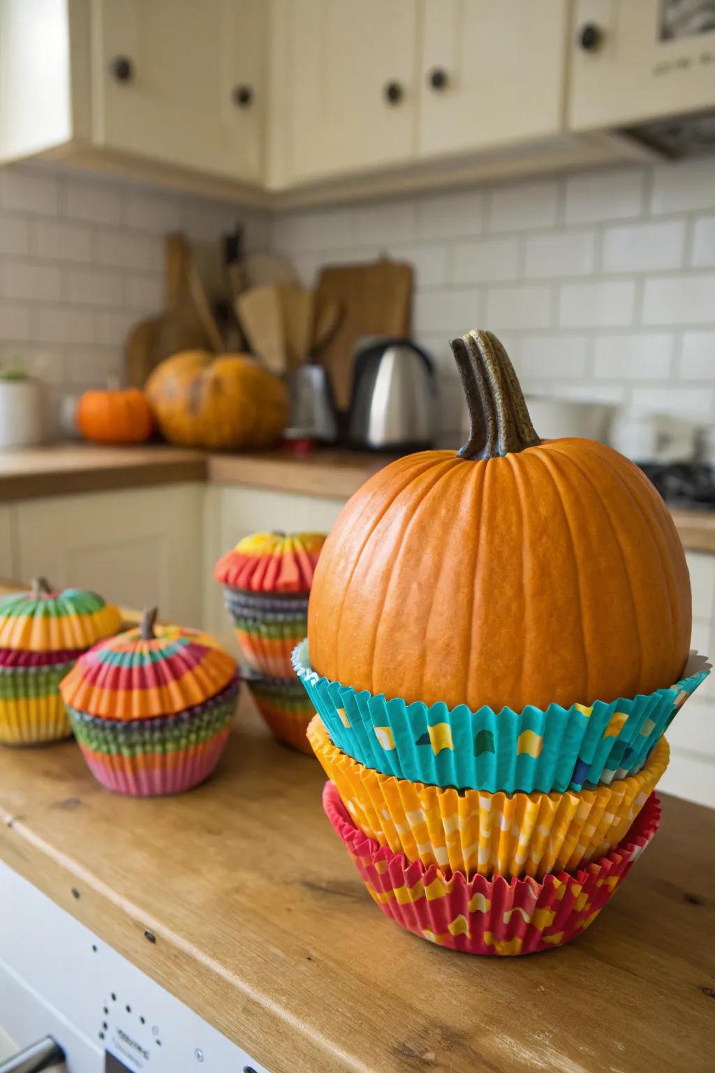 Cupcake liners add playful texture to pumpkin decorations.