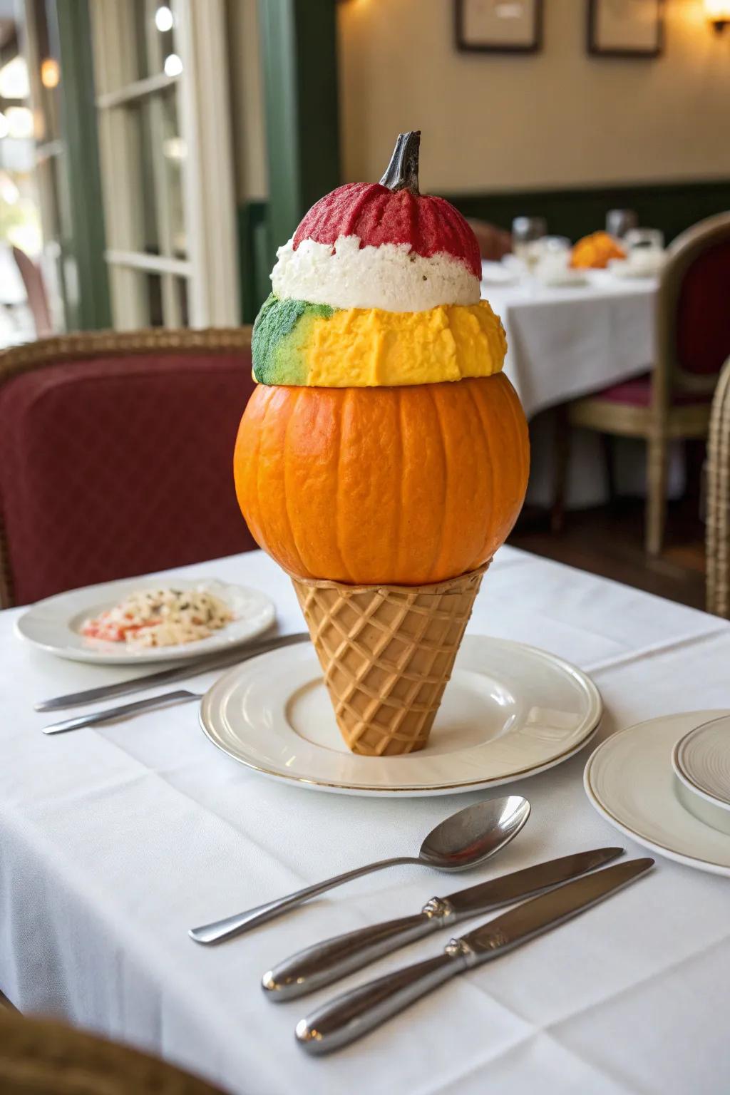 Pumpkins decorated to resemble cupcakes and ice cream cones.