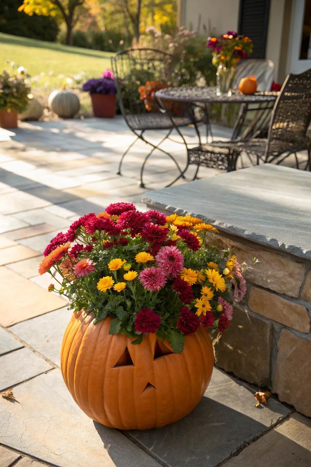 Pumpkins used as charming floral planters for autumn decor.