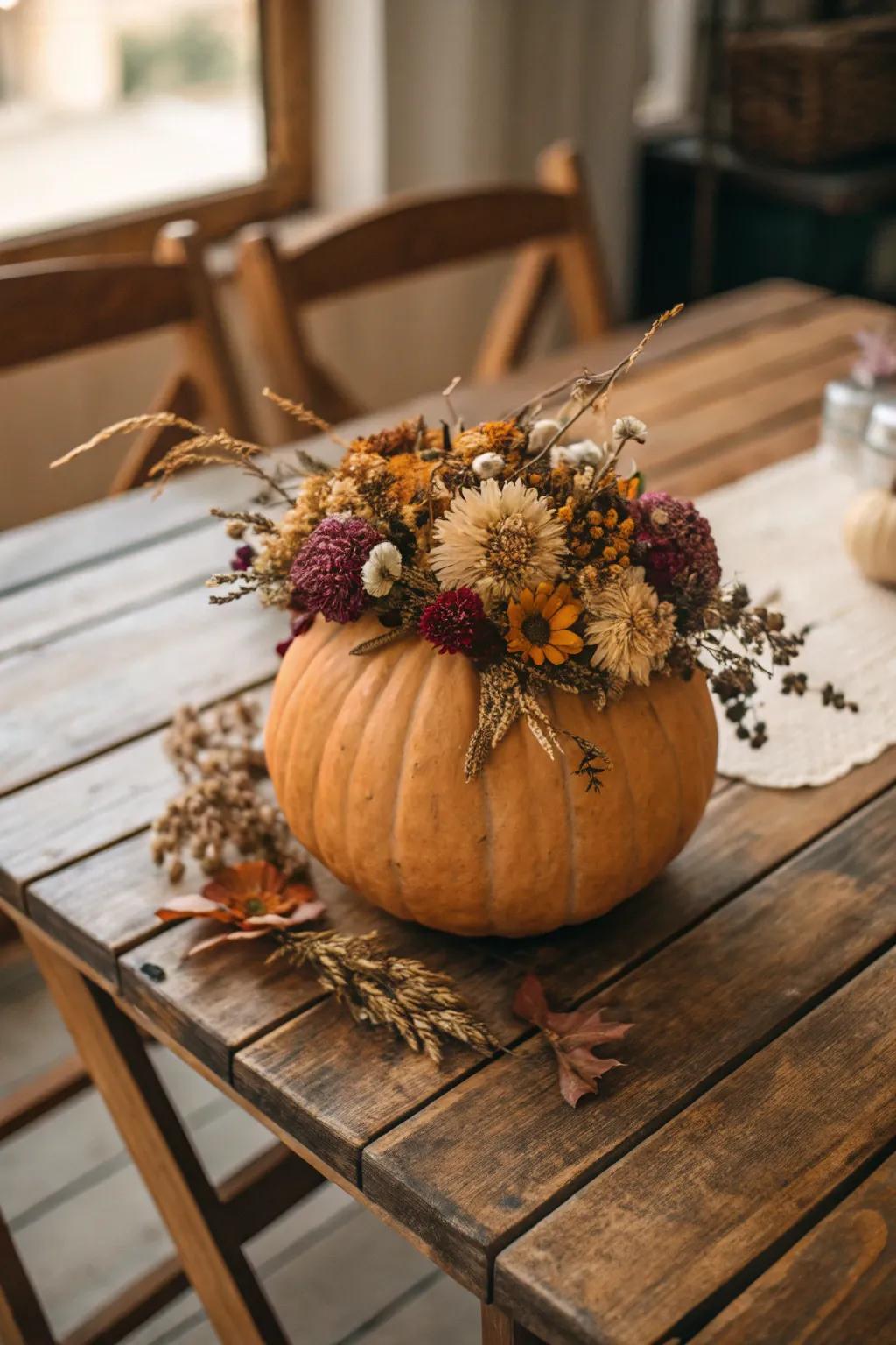 Dried flowers add a vintage charm to pumpkin decorations.