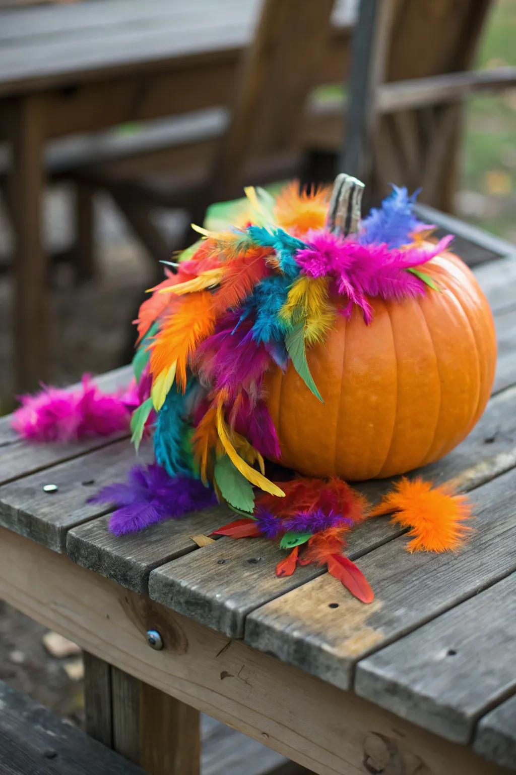 Add vibrant feathers to pumpkins for a lively, textured look.