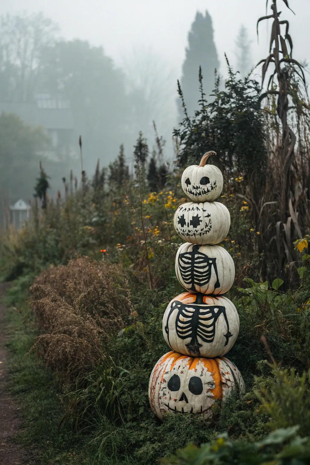 Stacked pumpkins painted as skeletons create a spooky display.