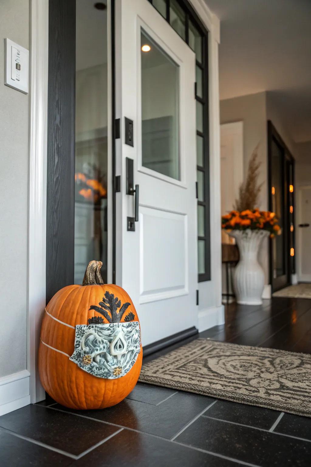 Pumpkins adorned with masks for a mysterious Halloween vibe.