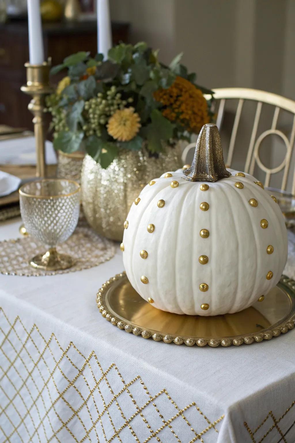 Studded pumpkins add a trendy, glamorous touch to fall decor.