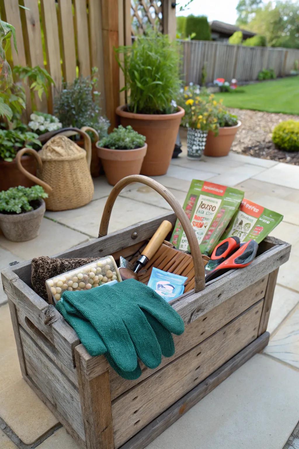 Delight gardeners with a basket full of tools and seeds.