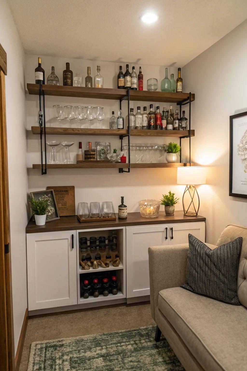 A compact bar area adds flair and convenience.