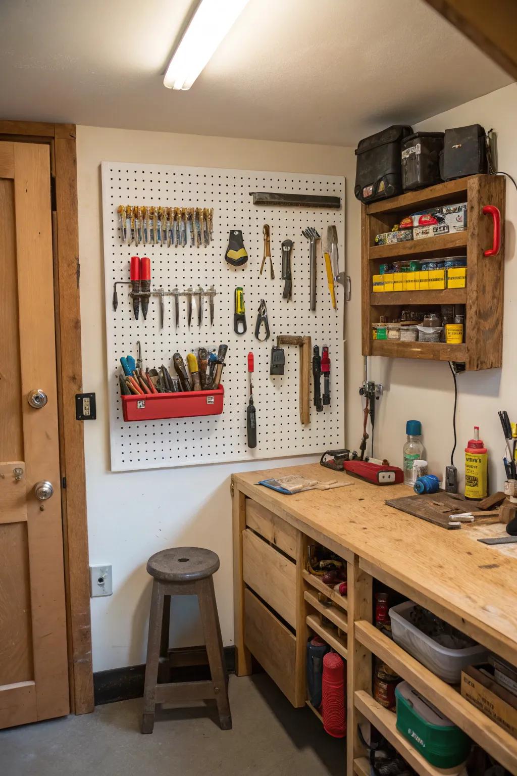 Pegboard walls offer flexible and accessible storage.