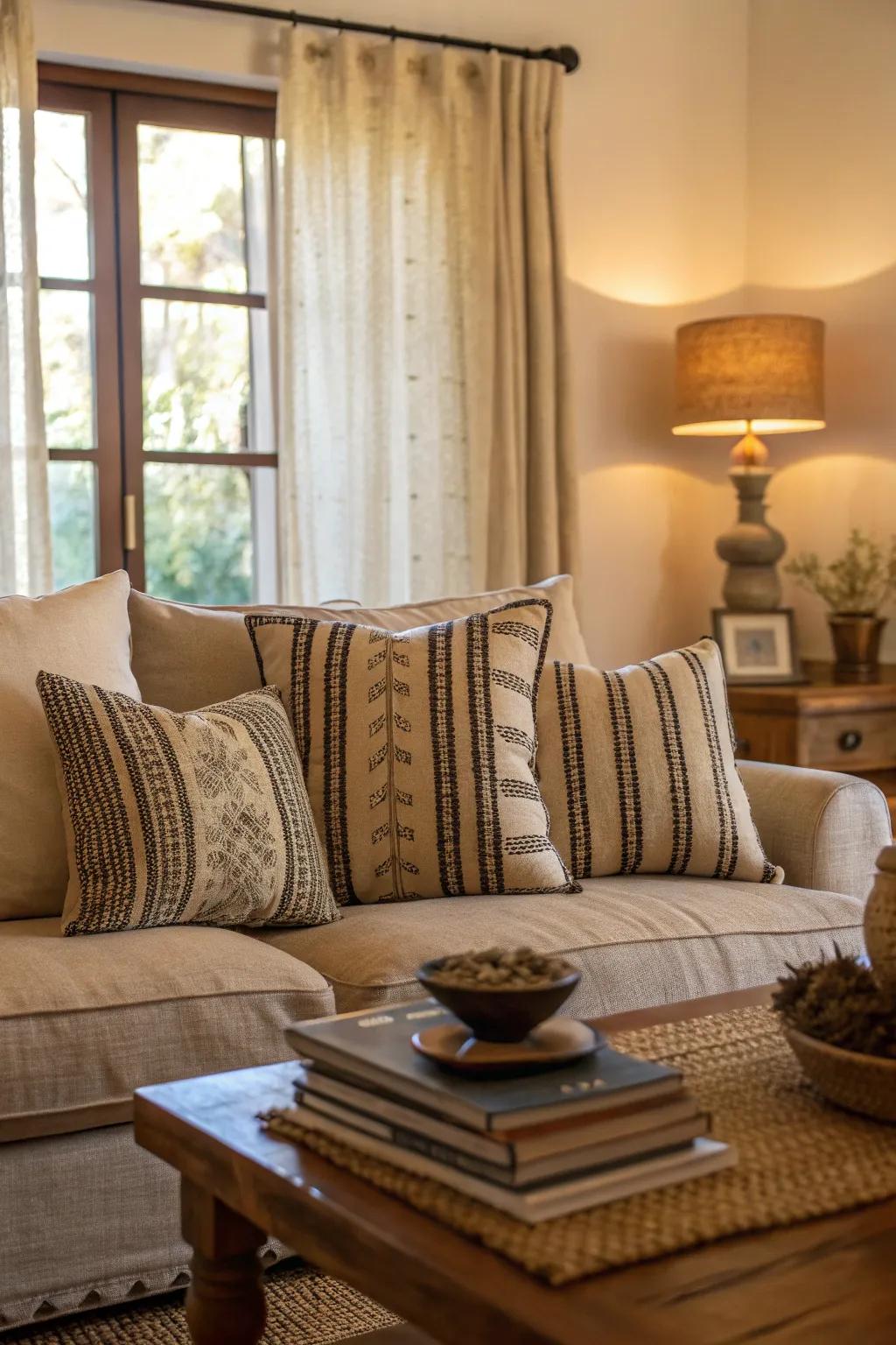 Grain sack-inspired textiles adding farmhouse authenticity.