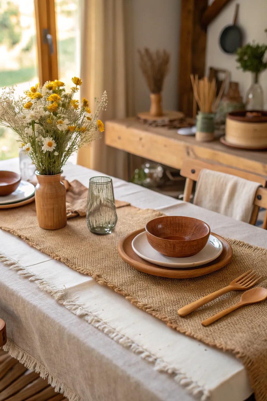 Burlap accents adding tactile rustic charm.