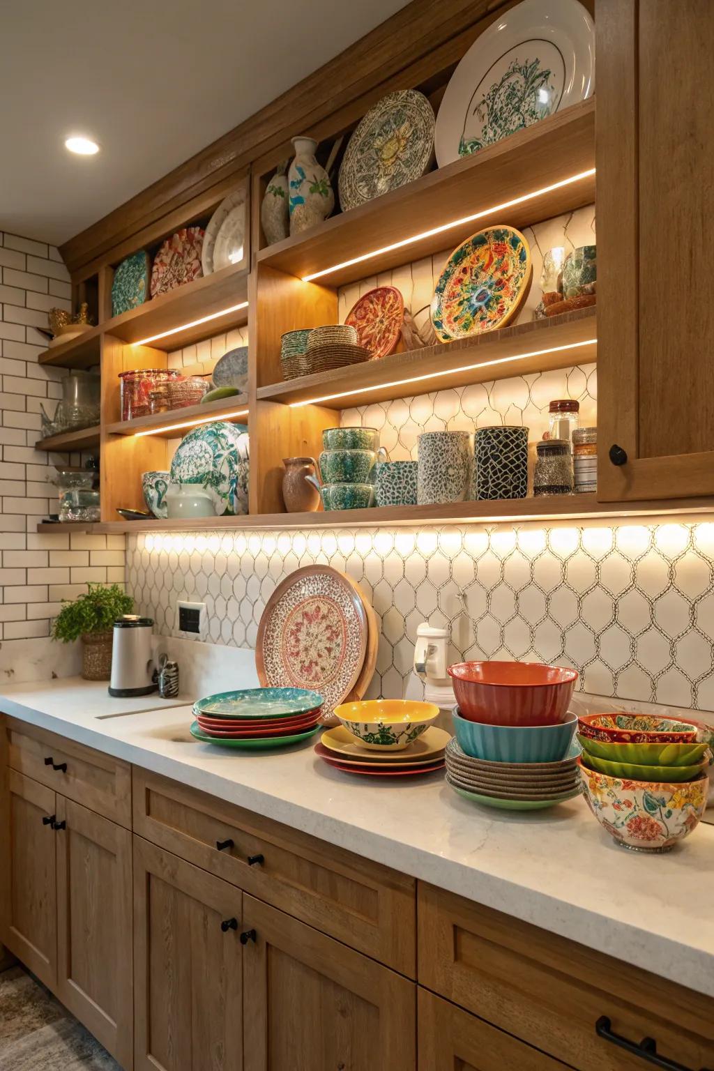 Open shelving showcasing curated farmhouse treasures.