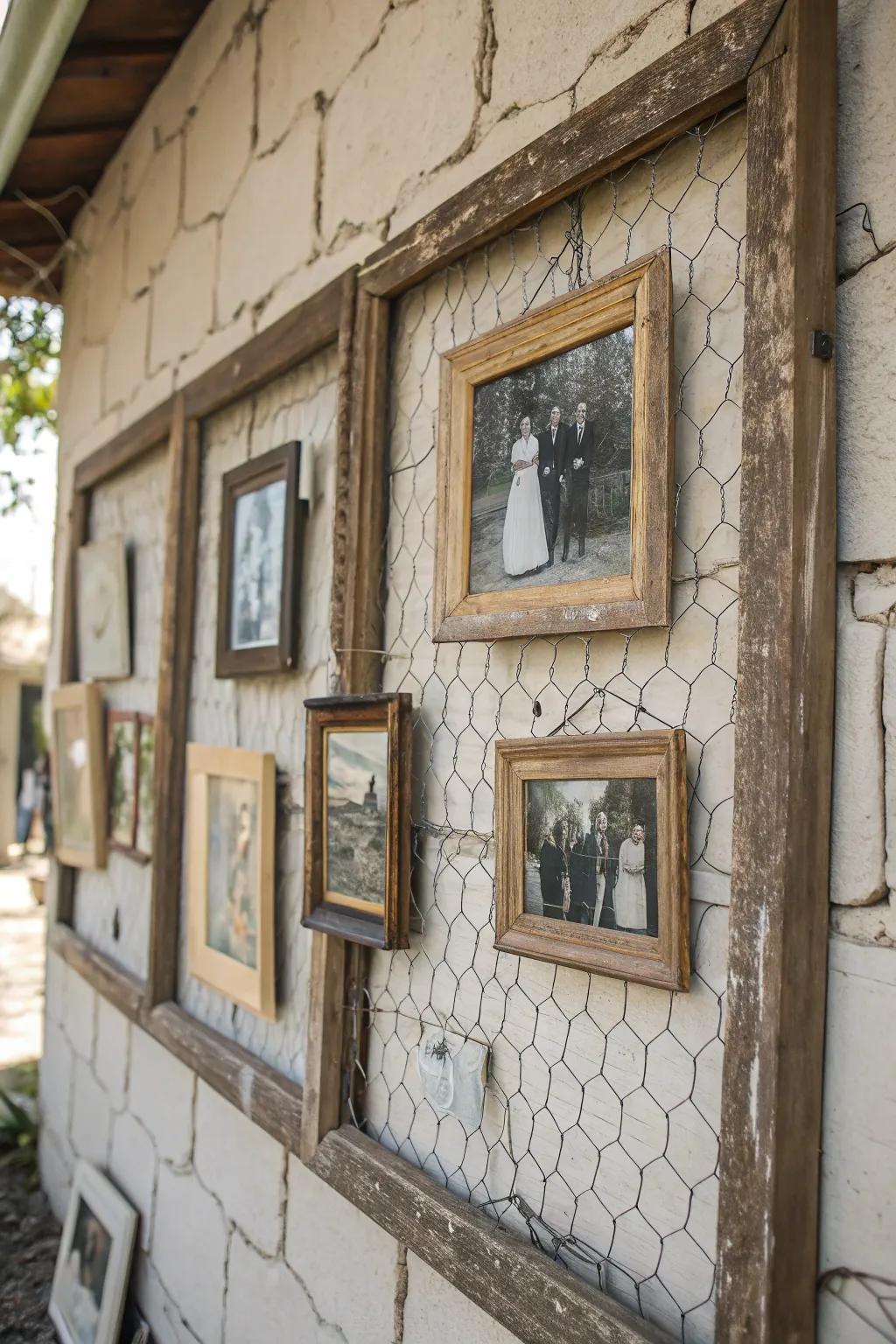 Rustic photo displays adding warmth and personality.