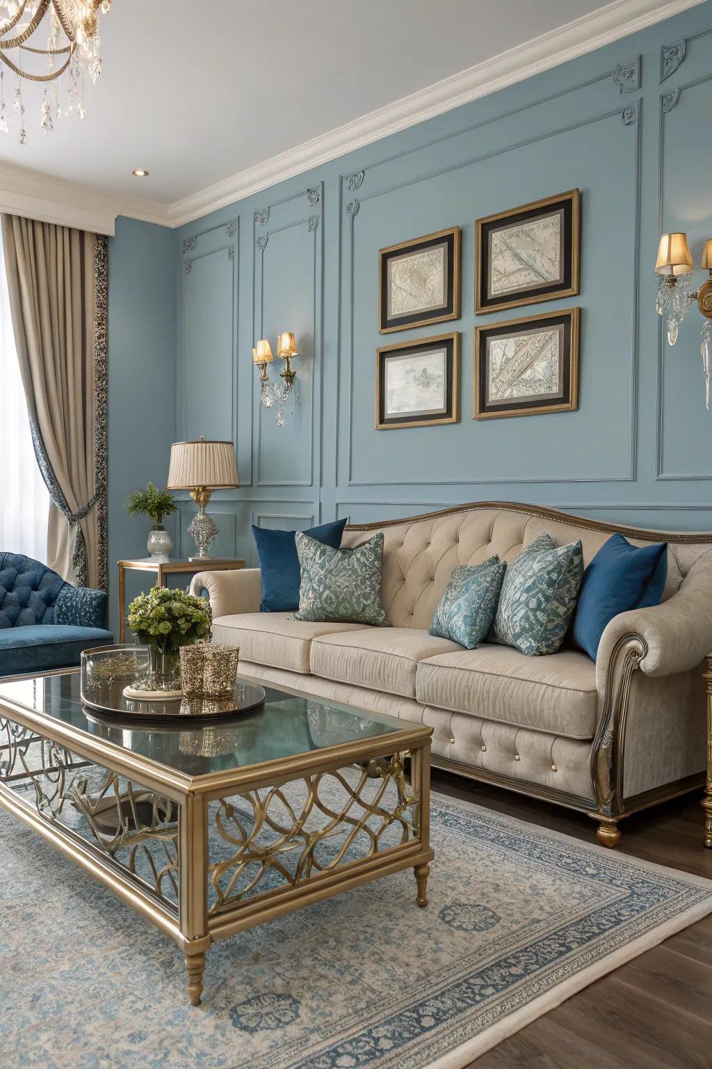 Metallic details add a luxurious touch to this blue-inspired living area.