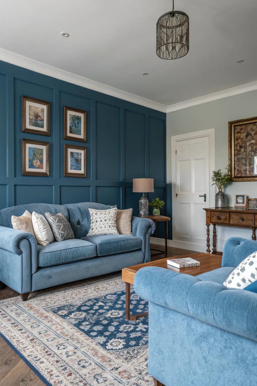 A sophisticated mix of light and dark blue shades adds dimension to this living room.