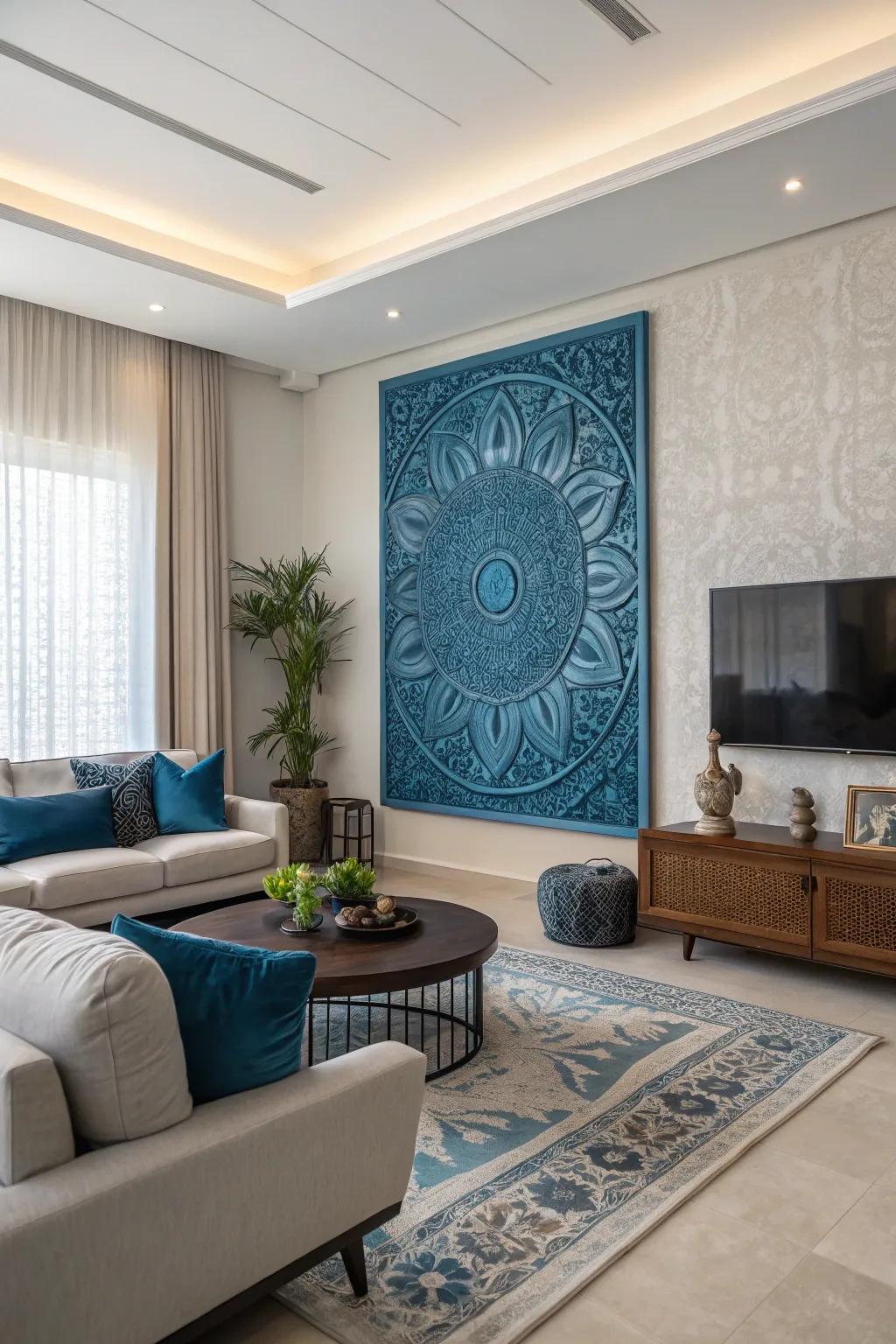 Eye-catching blue wall art creates a stunning centerpiece in this modern living room.