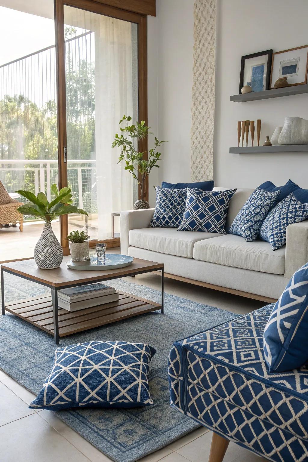 Blue geometric motifs add a contemporary edge to this stylish living room.