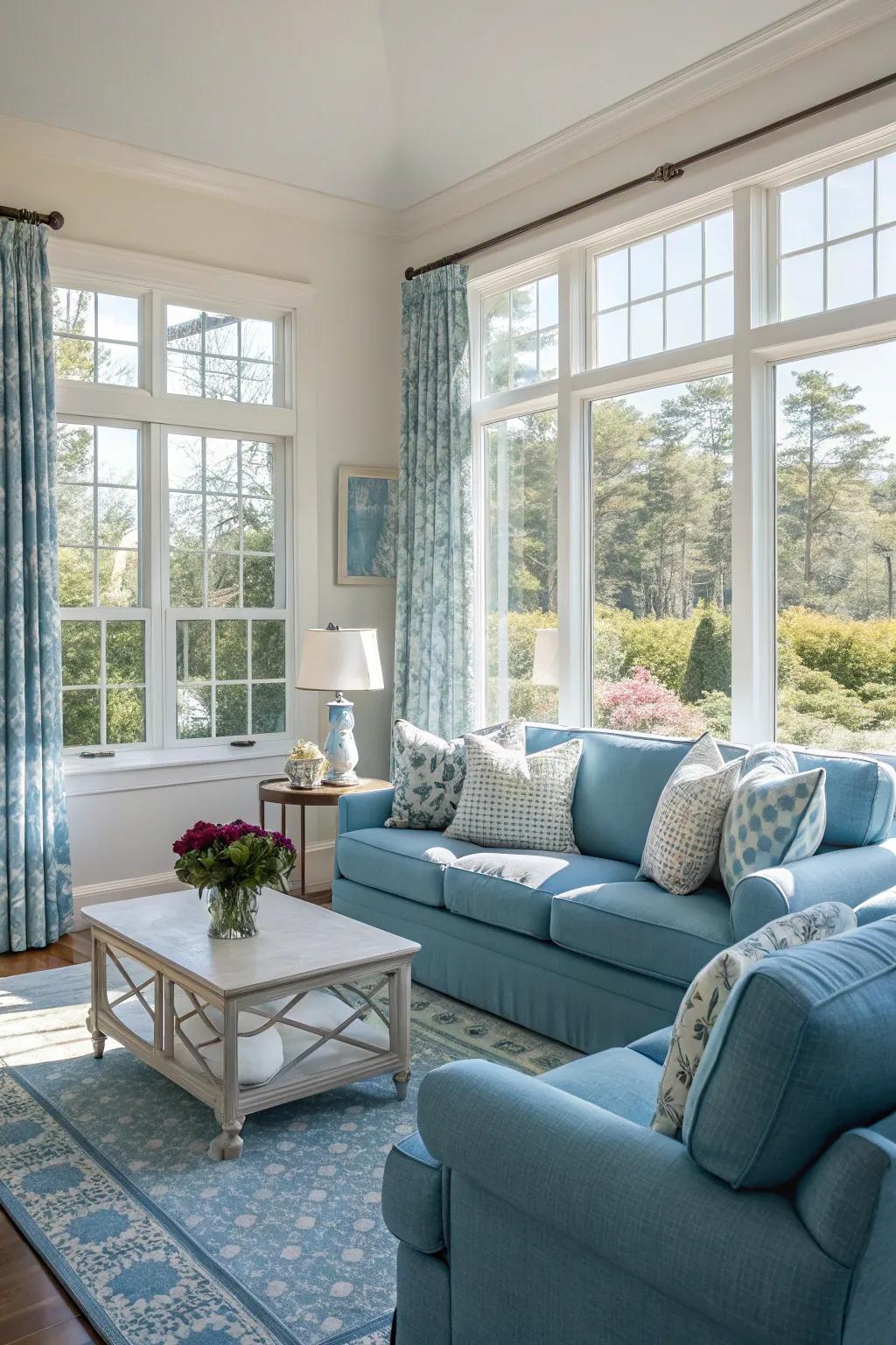 Sunlight brightens the blue hues in this spacious and airy living room.