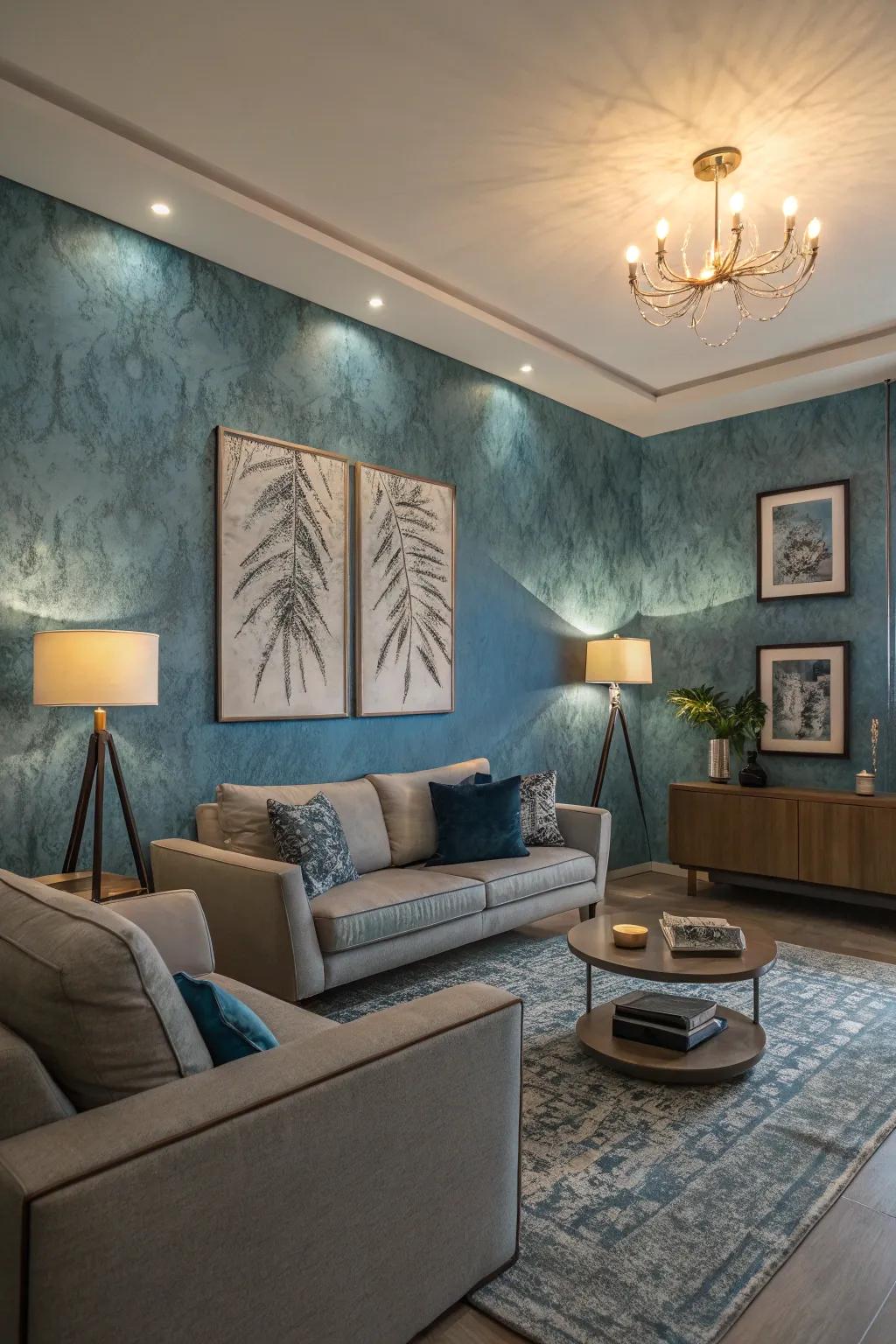 Textured blue walls add character and depth to this chic living space.