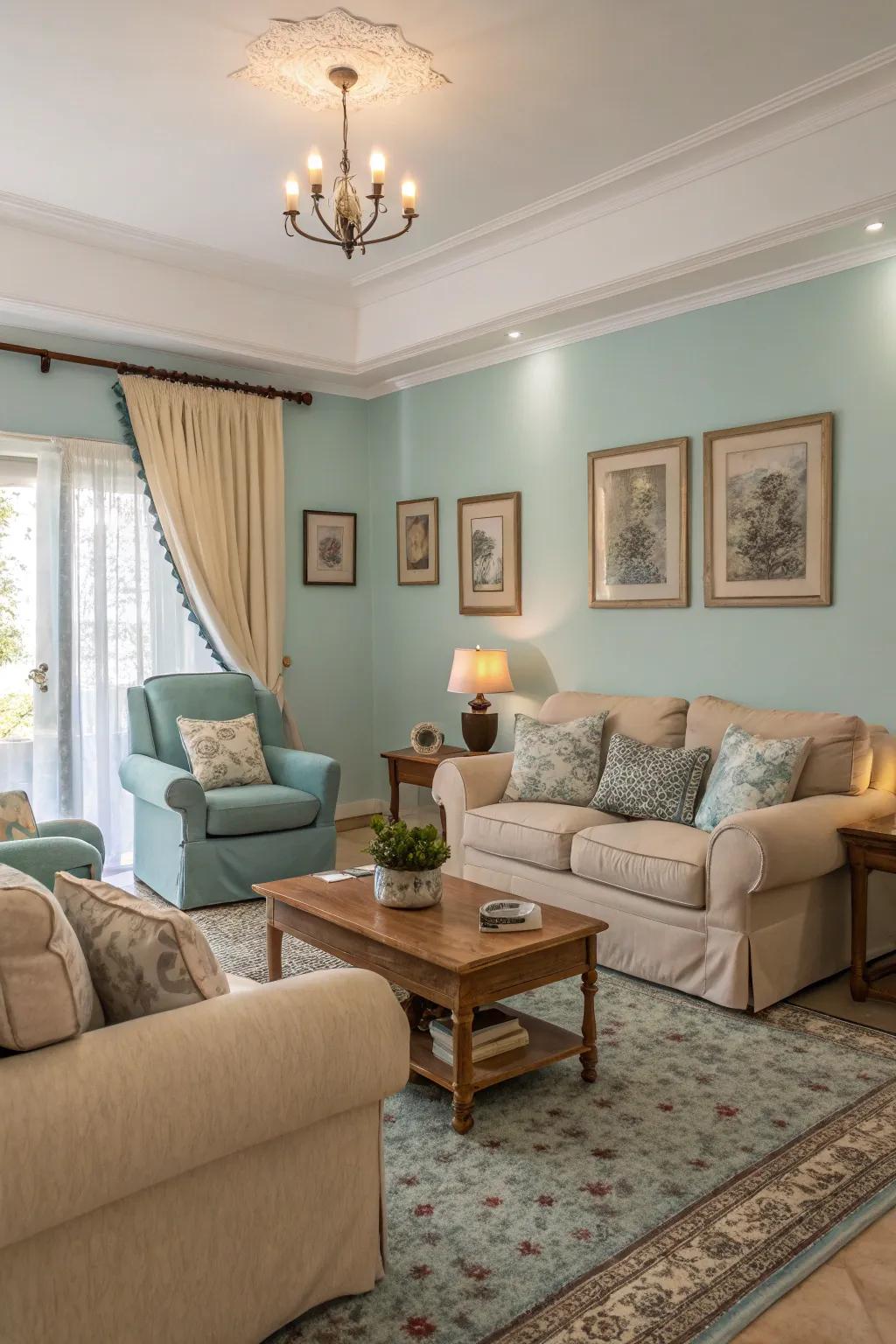 Pastel blue hues foster a gentle and peaceful vibe in this cozy living room.