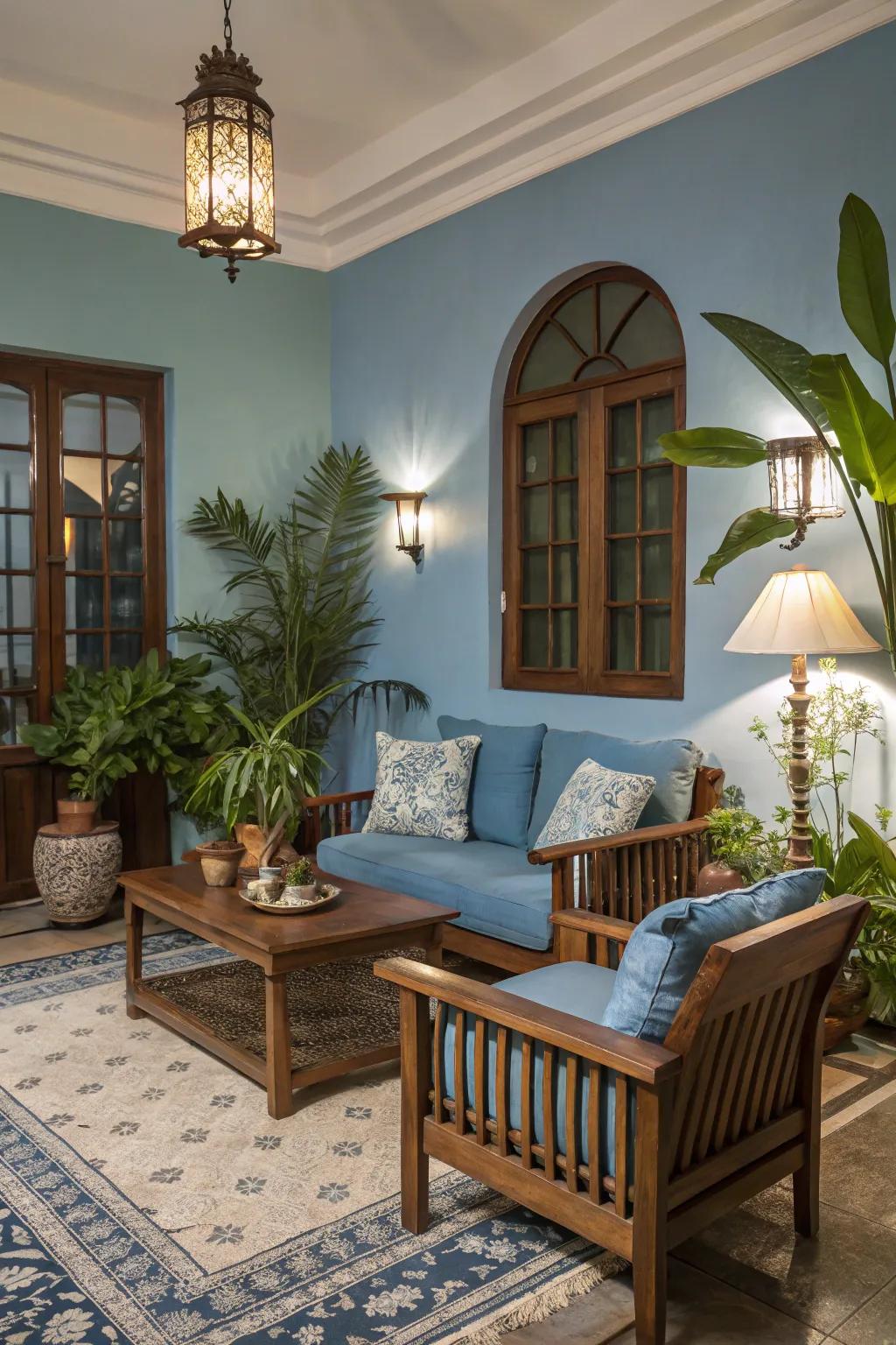 Natural textures complement blue tones, creating a cozy and inviting living space.