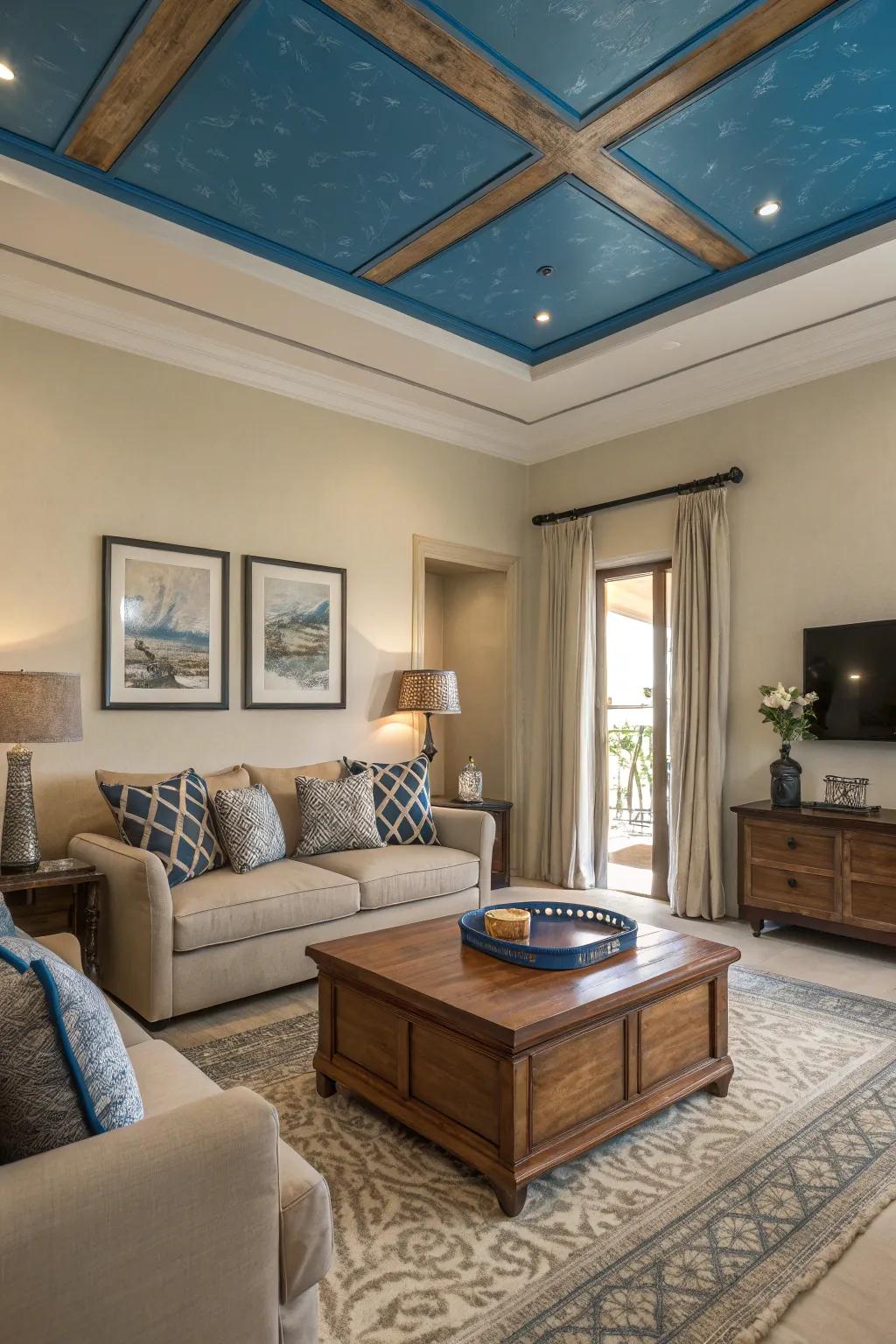 A blue-painted ceiling adds a unique and elegant touch to this contemporary living room.