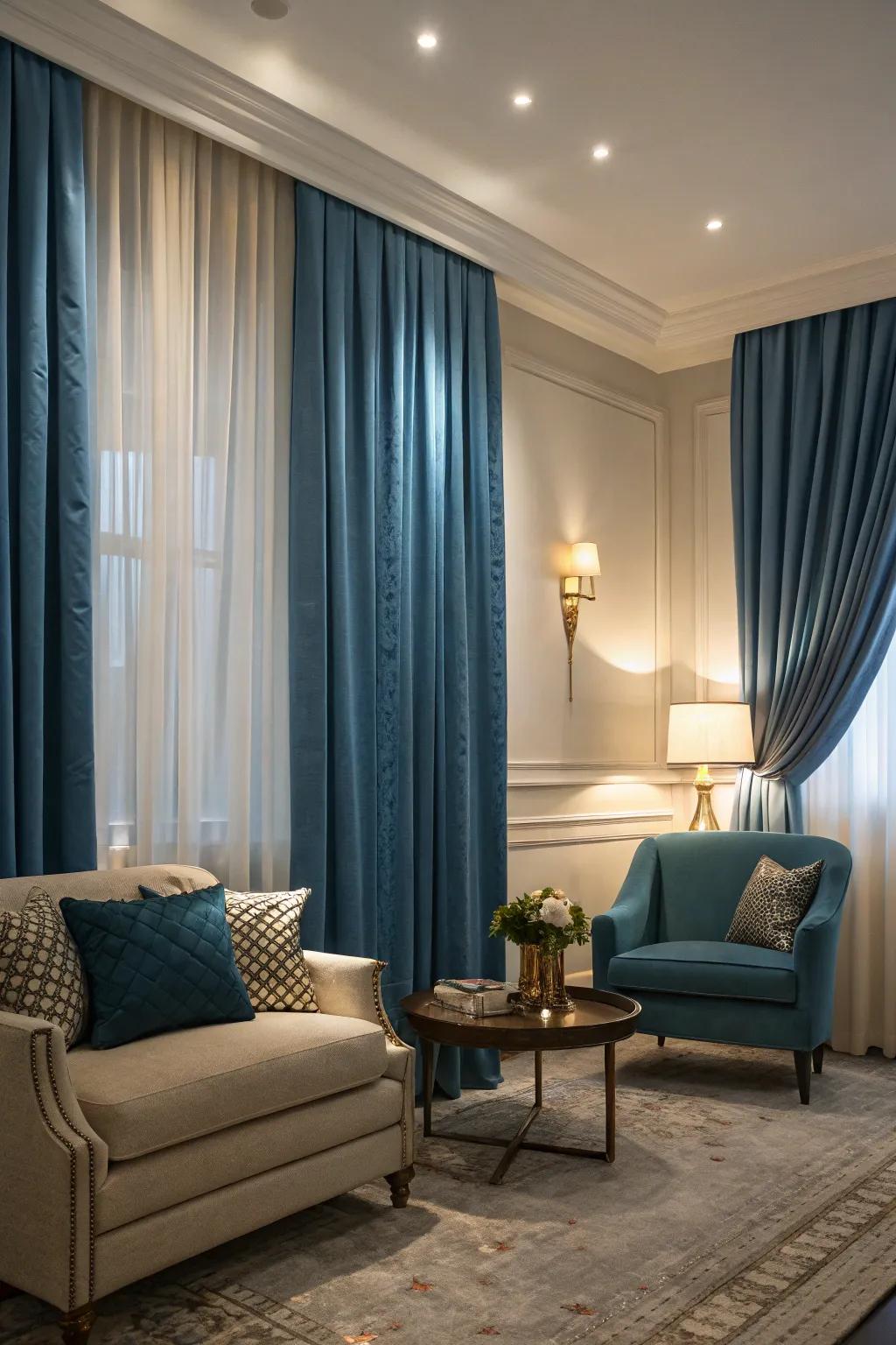 Blue curtains create a bold and elegant frame for windows in this stylish living room.