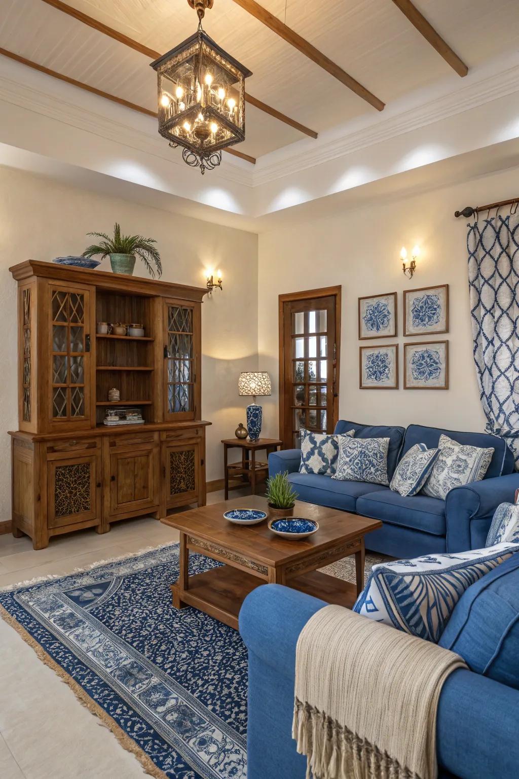 Warm wooden tones complement the cool blue palette, creating a cozy living room.