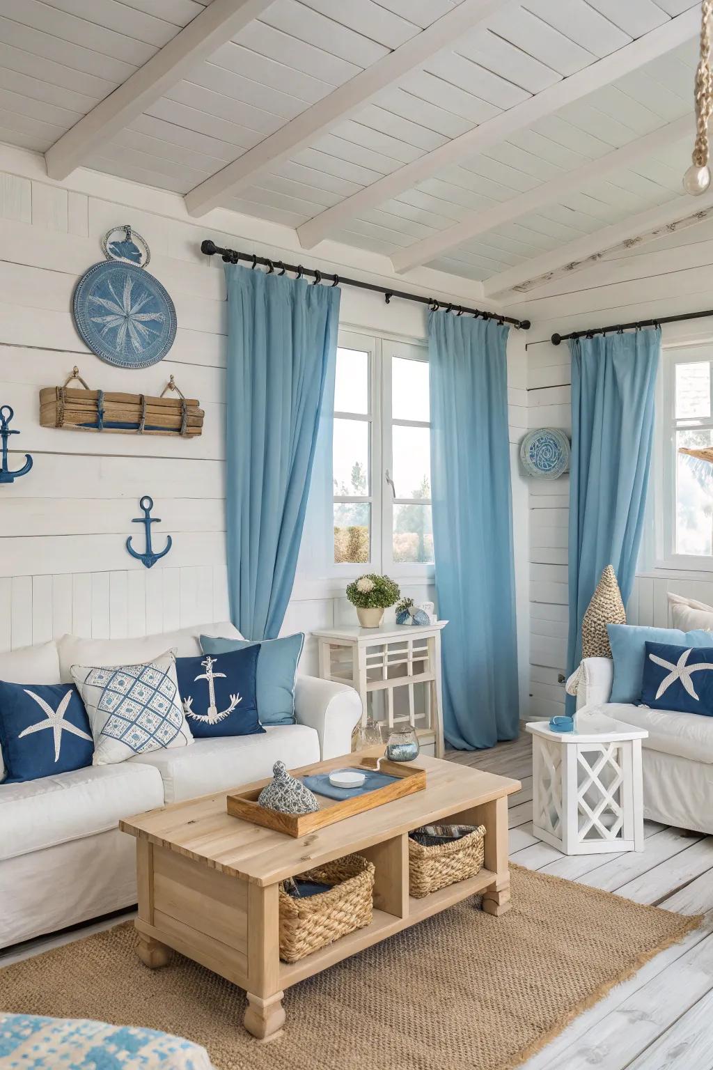 Blue and white hues create a crisp, coastal ambiance in this welcoming living room.