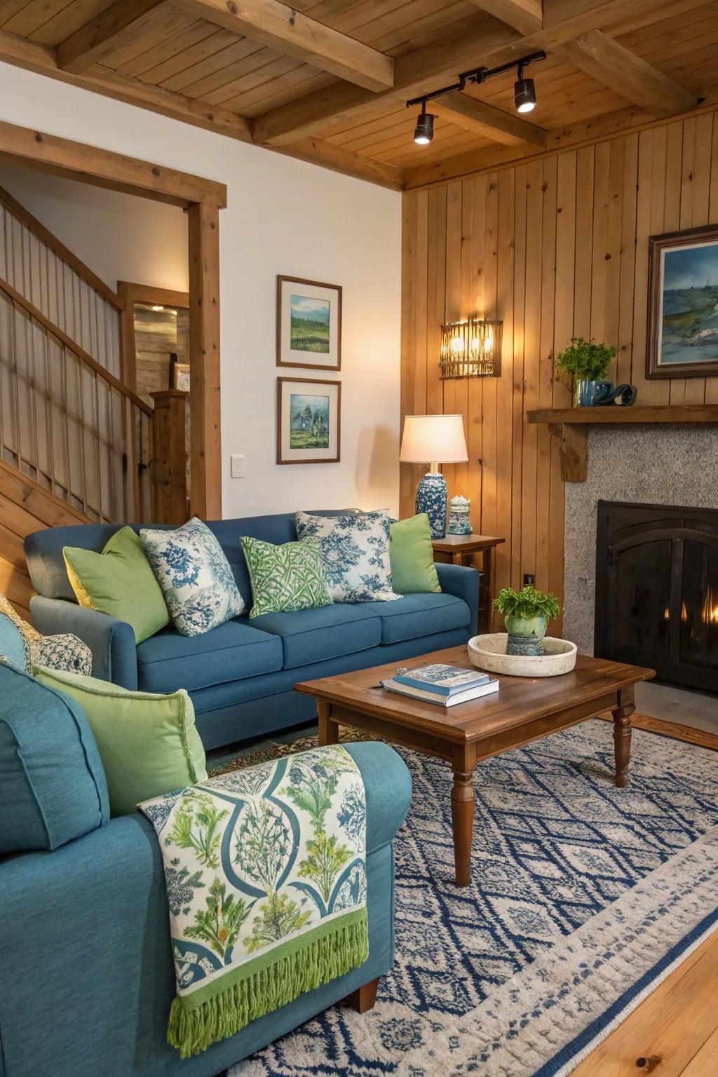 Blue and green accents create a lively and refreshing atmosphere in this inviting living room.