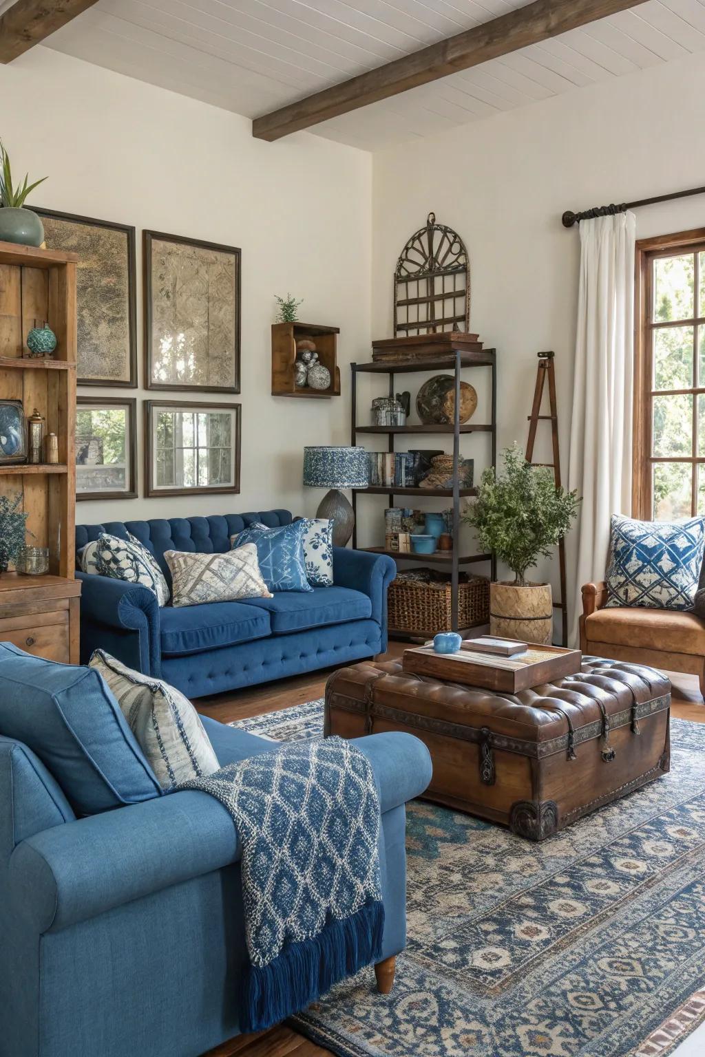 Diverse blue accents add depth and personality to this distinctive living room.