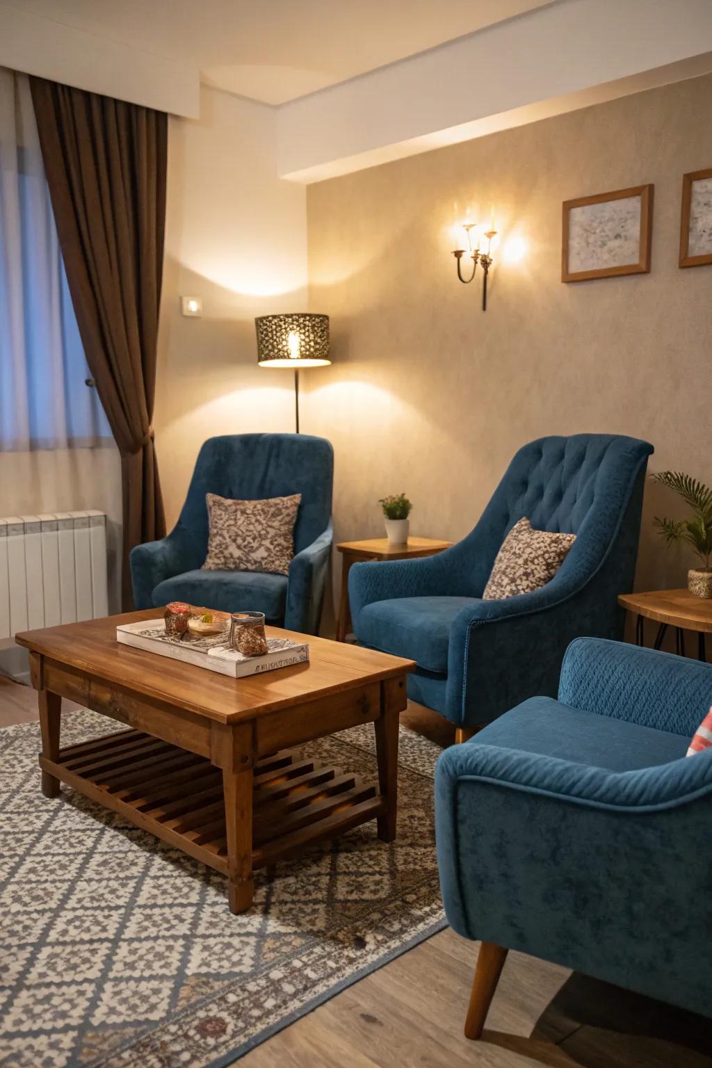 Blue velvet furniture adds warmth and opulence to this refined living room.