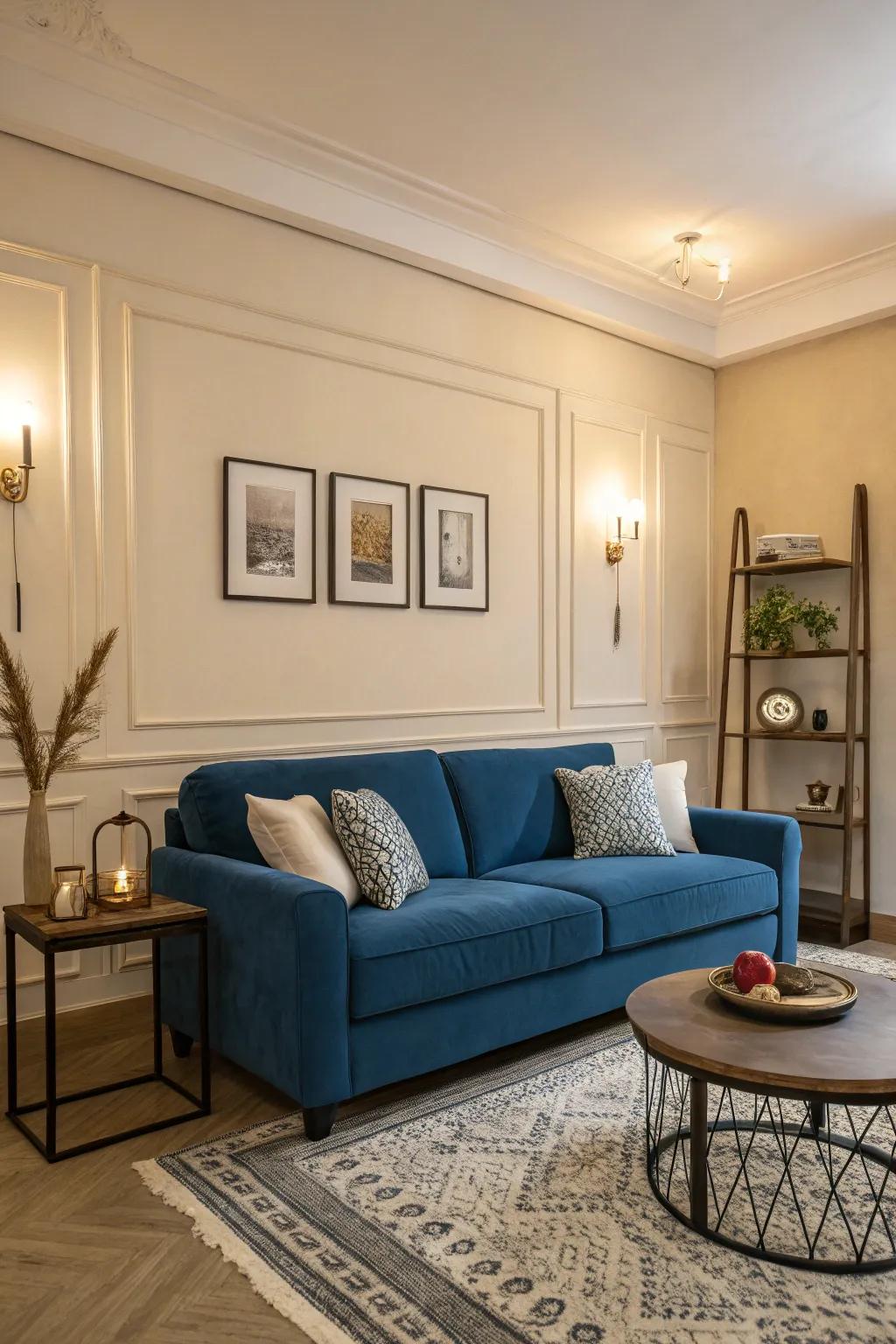 A striking blue sofa anchors this elegantly designed living room.