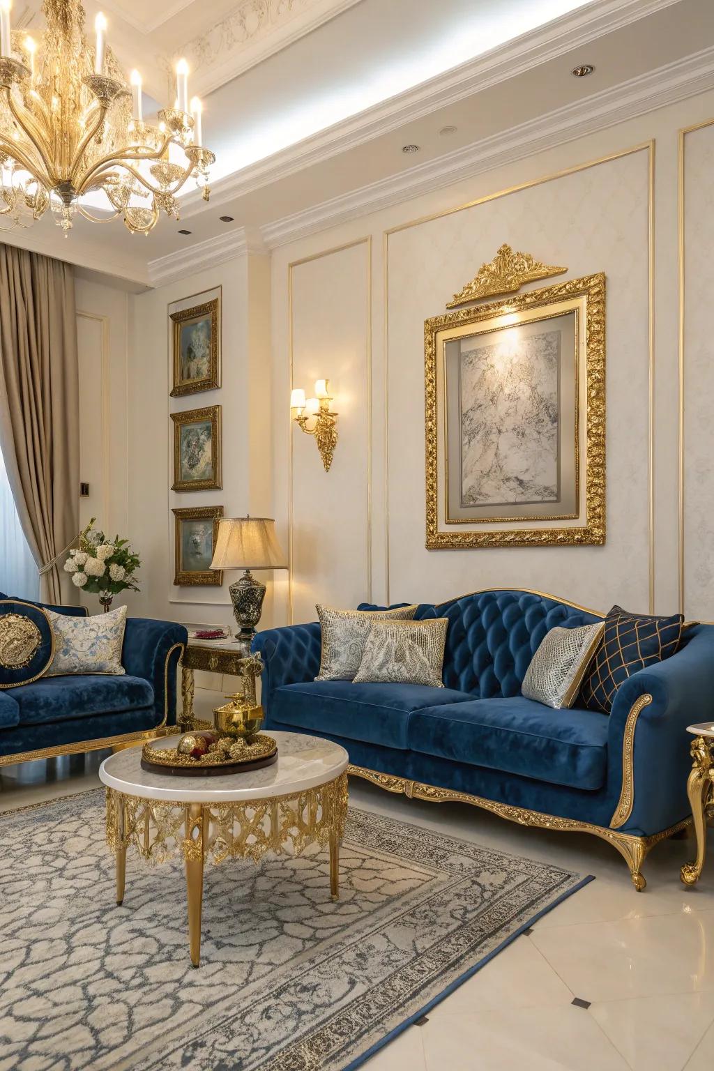 Blue and gold accents combine to create a luxurious and refined living room atmosphere.