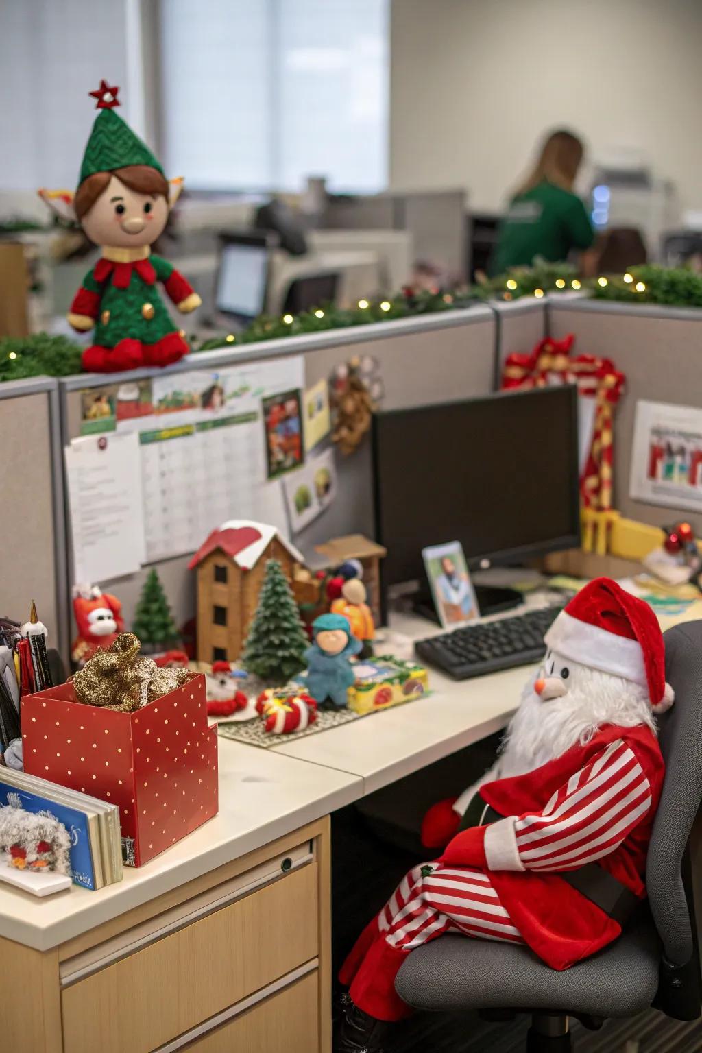 Desk decorated as Santa's workshop with toys and elves.