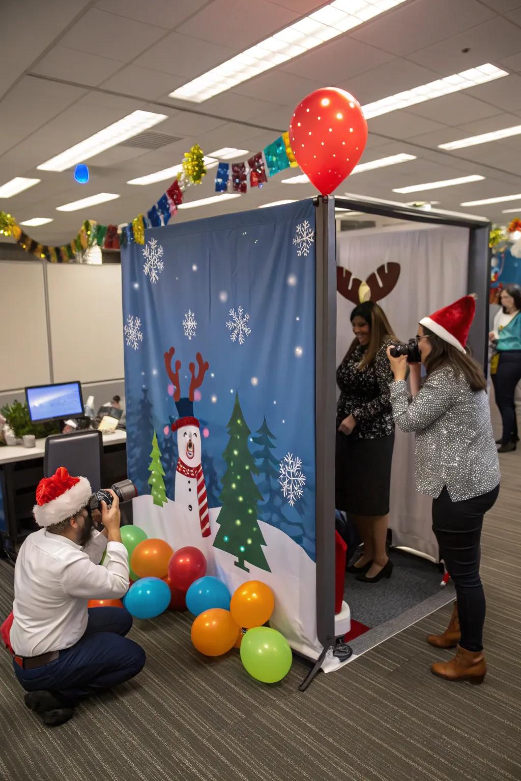 Office holiday photo booth with fun props and lights.