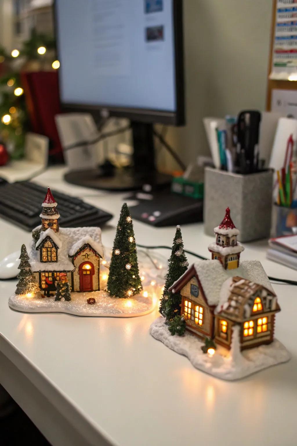 A miniature Christmas village setup adds charm to the office.