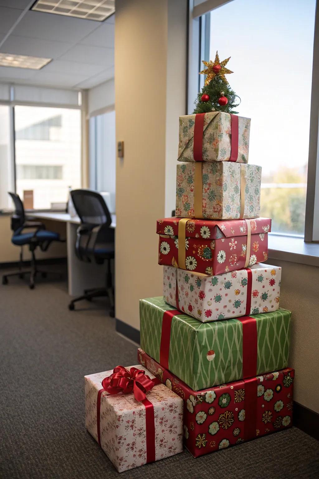 Stacked gift boxes create a festive focal point in the office.