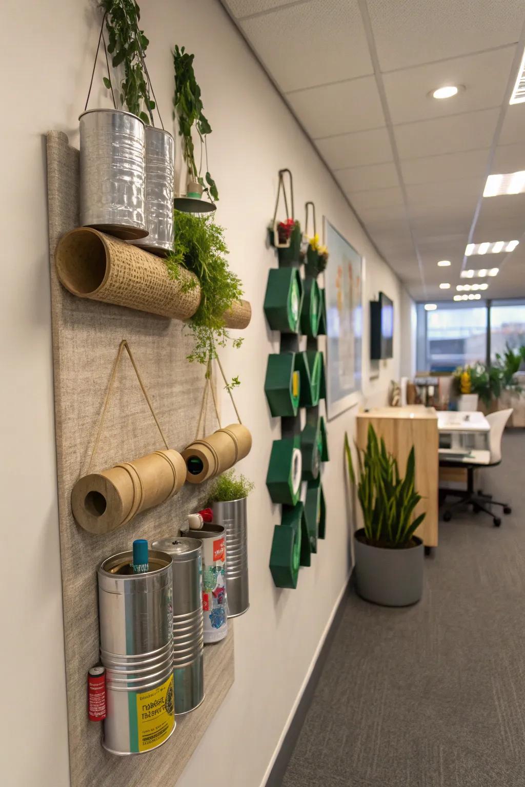 Eco-conscious ornaments made from recycled materials decorate an office wall.