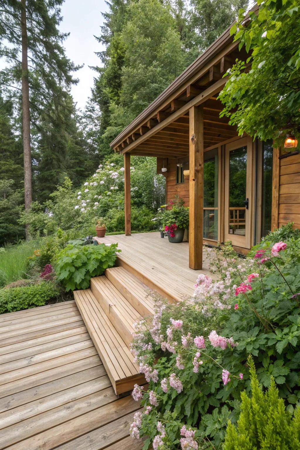 Deck constructed with natural wood and stone blending with the environment.