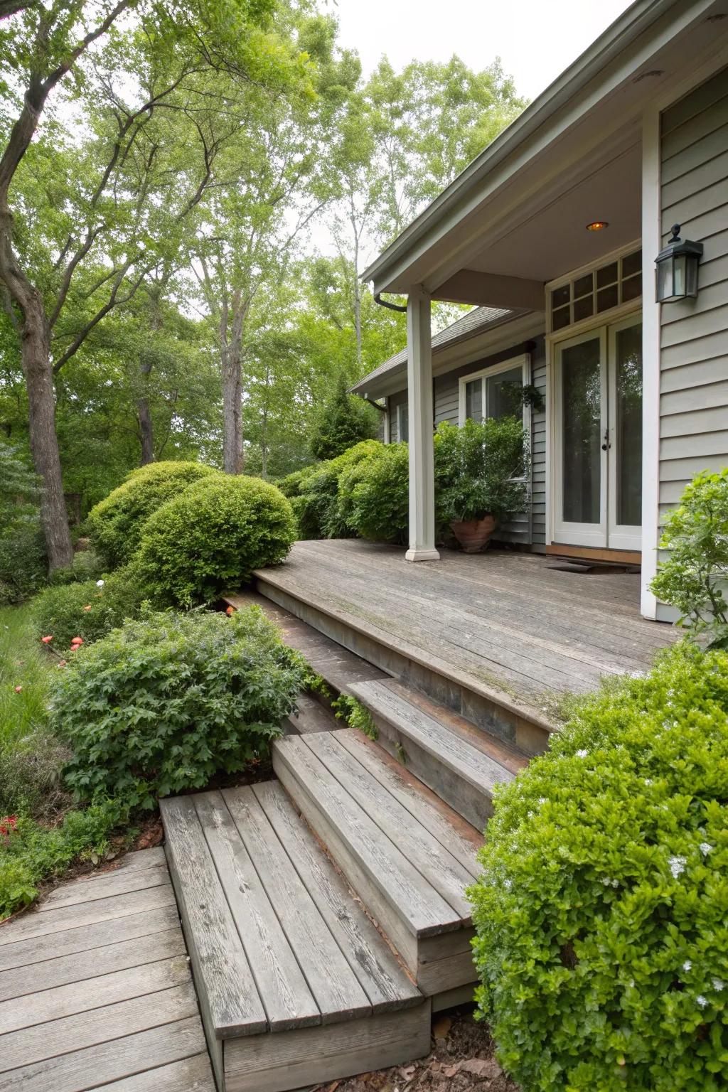 Natural wooden steps adding charm to the entrance.