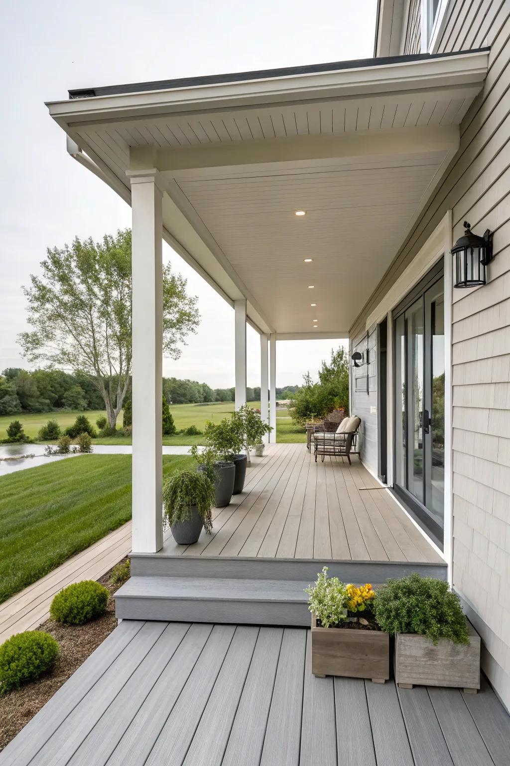 Minimalist deck design with clean lines and neutral colors.