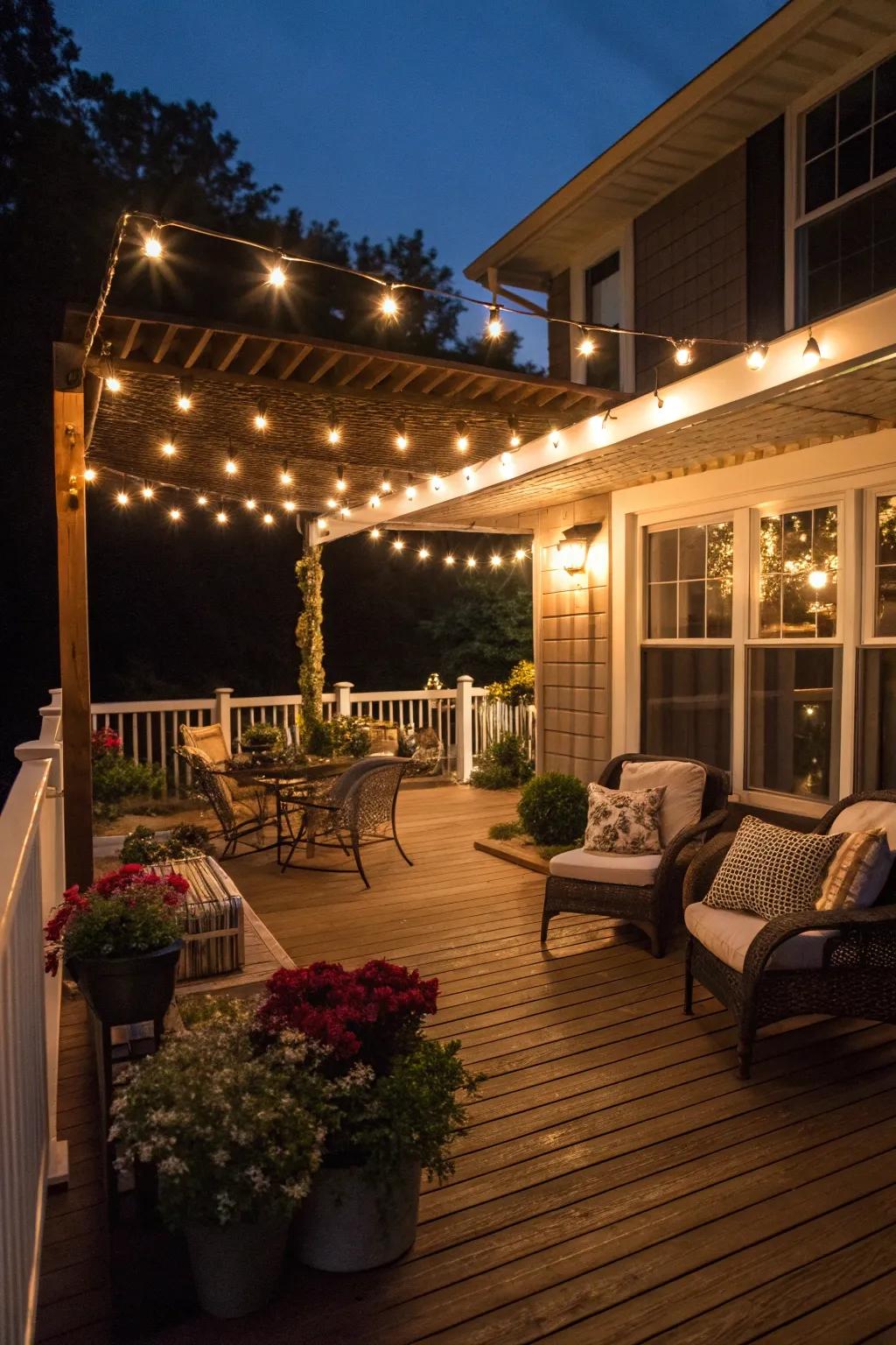 String lights creating a cozy and magical deck ambiance.