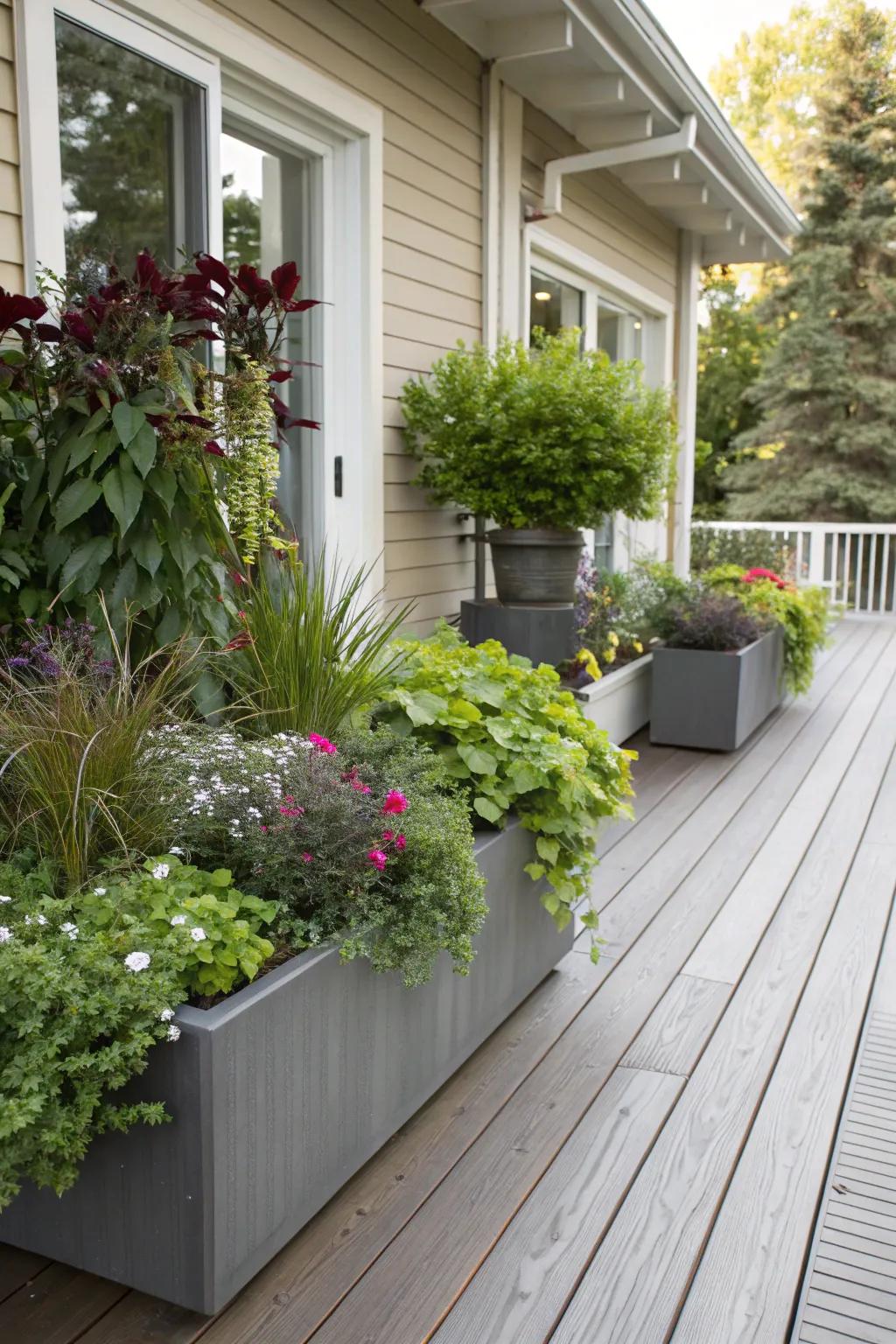 Lush planters adding vibrancy to the deck.