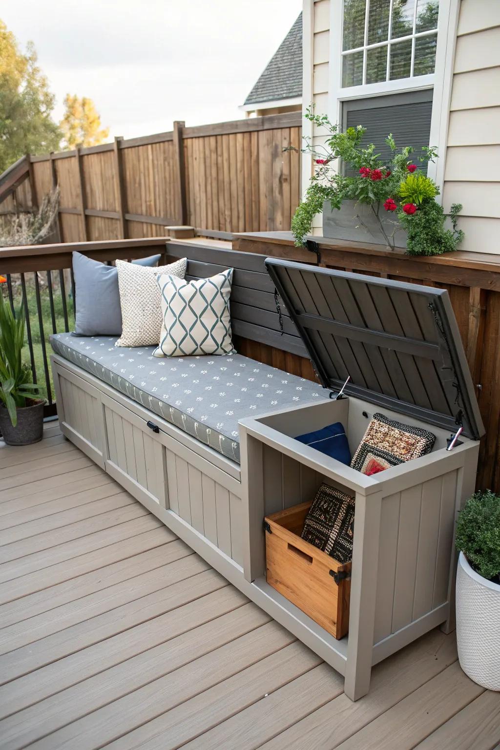 Multi-purpose furniture optimizing deck space and utility.