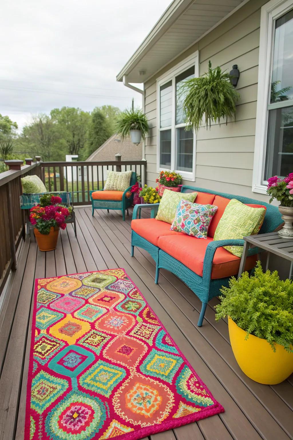 Bright cushions and rugs adding lively accents to the deck.