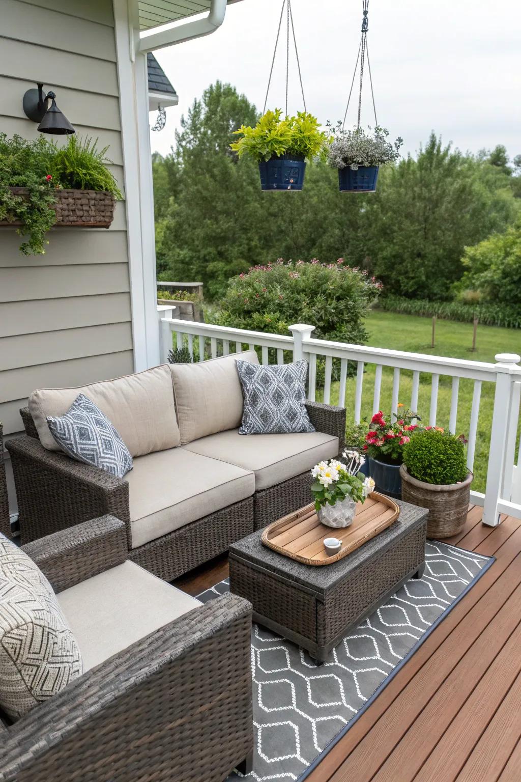 Efficient furniture arrangement maximizing deck space.